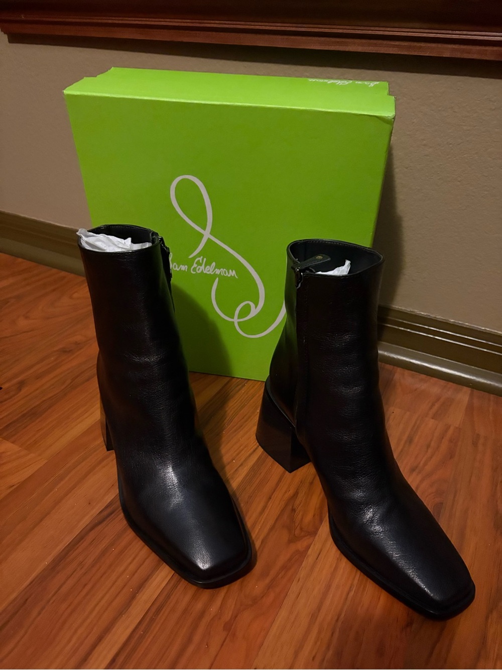 Sam Edelman Black Leather Square Toe Block Heel Ankle Boots